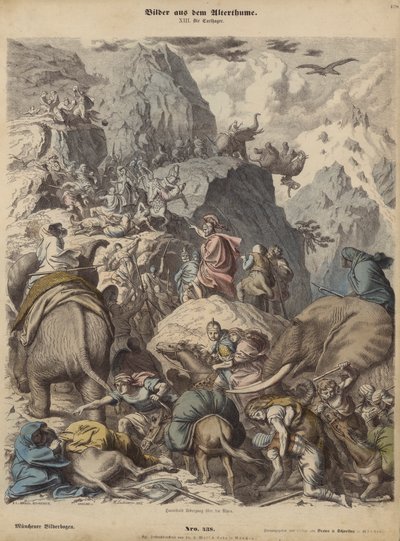 Hannibal liderando o exército cartaginês sobre os Alpes (gravura colorida) de Heinrich Leutemann