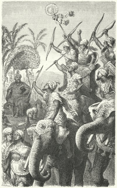 Porus, rei dos Pauravas, revendo seus elefantes de guerra (gravura) de Heinrich Leutemann