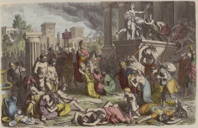 Soldados romanos saqueando uma cidade conquistada (gravura colorida) de Heinrich Leutemann