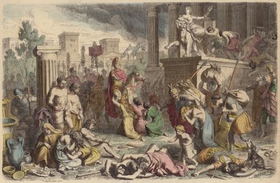 Soldados romanos saqueando uma cidade conquistada (gravura colorida) de Heinrich Leutemann