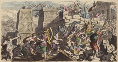 Soldados romanos invadindo uma cidade (gravura colorida) de Heinrich Leutemann