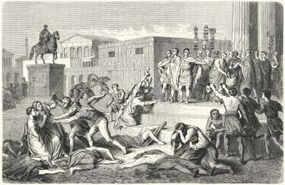 O Triunvirato de Marco Antônio, Marcus Aemilius Lepidus e Otaviano proclamando proscrições contra seus inimigos políticos, 43 aC de Heinrich Leutemann