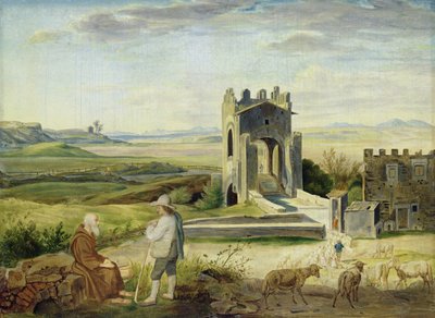 Paisagem Campagna perto da Ponte Nomentano (óleo sobre papel colocado no cartão) de Heinrich Maria von Hess