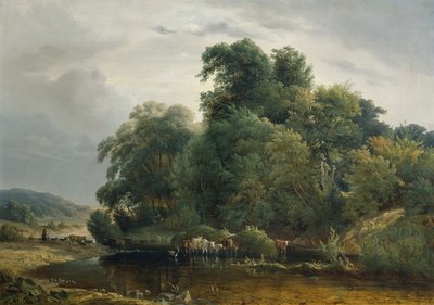Paisagem com rebanho de gado e pastora de Heinrich Peyer