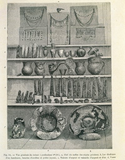 O chamado Tesouro do Priam descoberto pelo arqueólogo Heinrich Schliemann (1822-1890), impressão de Heinrich Schliemann