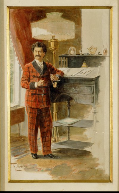 Johann Strauss filho na sua secretária alta, no seu escritório ... (aguarela) de Heinrich Zasche