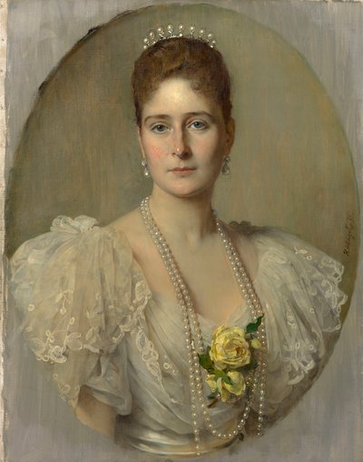 Retrato da imperatriz Alexandra Fyodorovna da Rússia 1872-1918, esposa do czar Nicolau II, 1897. de Heinrich von Angeli