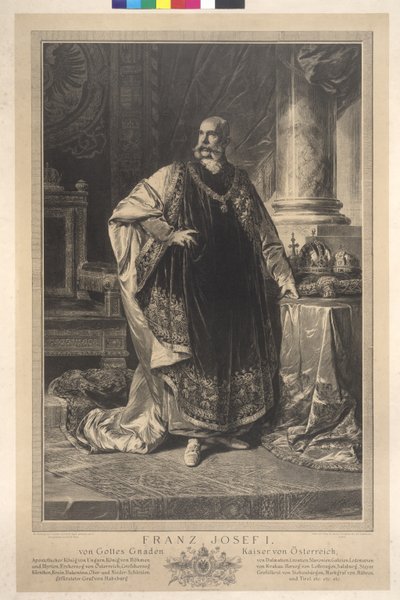 Figura inteira de pé de Francisco José I com o manto de lã de Heinrich von Angeli