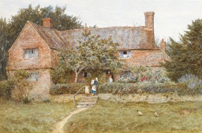 Um chalé em Surrey com uma mãe e seus filhos (aquarela com riscos) de Helen Allingham