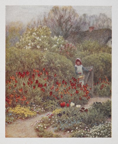 Uma mulher abrindo um portão para um jardim, ilustração de 