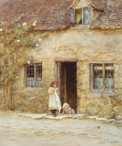 Na porta da casa de campo (aguarela com arranhões) de Helen Allingham