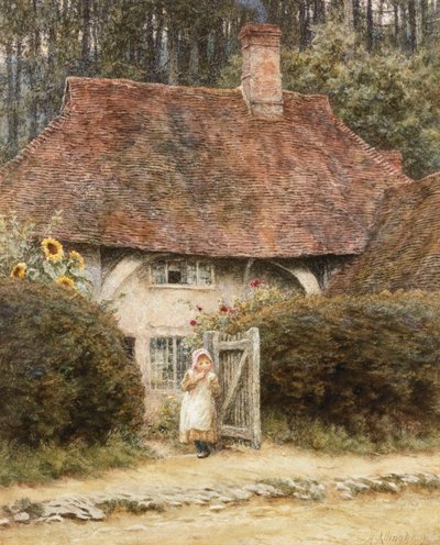 At the Cottage Gate (aquarela com riscos no papel) de Helen Allingham
