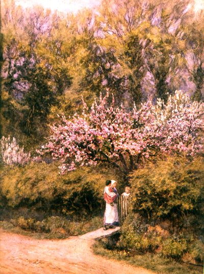 Junto ao Cottage Gate - Tempo de floração (aguarela sobre papel) de Helen Allingham