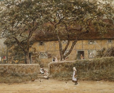 Crianças fora de uma casa de campo (aquarela com riscos no papel) de Helen Allingham