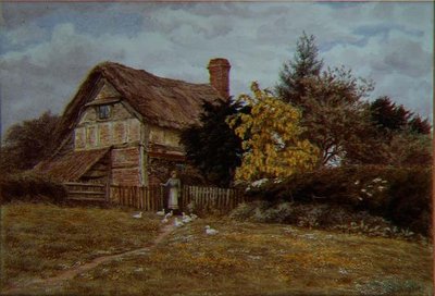 Laburnum Cottage: uma mulher a alimentar os patos (aguarela) de Helen Allingham