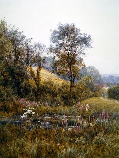 Apanhar flores junto à lagoa (aguarela e raspagem no papel) de Helen Allingham