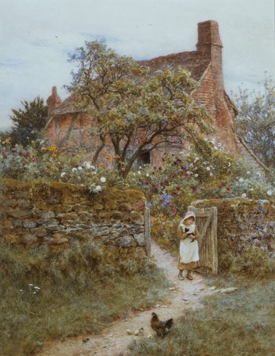 The Black Kitten (aquarela com riscos) de Helen Allingham
