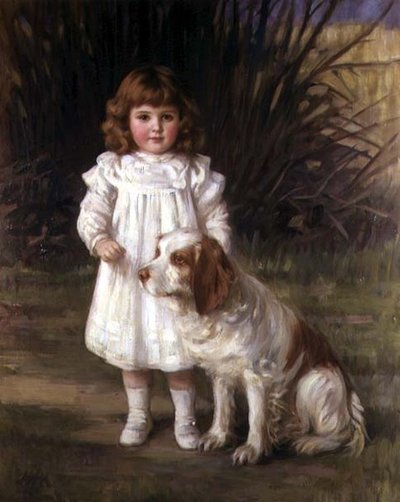 Retrato de uma rapariga com um vestido branco e um cão de Helen Howard Hatton