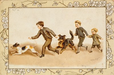 Saudações cartão retratando crianças brincando com seus cães de Helena J. Maguire