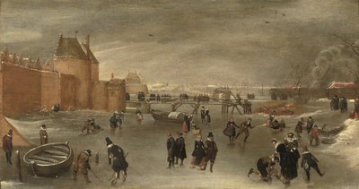 Patinadores, jogadores de kolf e trenós em um rio congelado perto do portão da cidade de St. Janspoort, com o Kruispoort ao fundo e o moinho rosa além, Haarlem (óleo no painel) de Hendrick Avercamp (studio of)