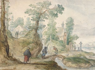 Uma paisagem de rio arborizada com uma igreja e figuras, ca. 1613. de Hendrick Avercamp