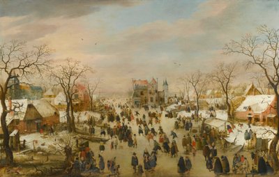 Uma paisagem panorâmica de inverno com uma multidão de figuras num rio gelado de Hendrick Avercamp