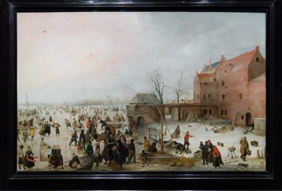 Neerlandês: IJsgezicht bij een brewery Uma cena no gelo perto de uma cidade de Hendrick Avercamp
