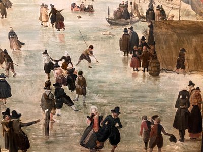 Holandês: IJslandschap / Patinagem no gelo Paisagem de inverno com numerosos patinadores de Hendrick Avercamp