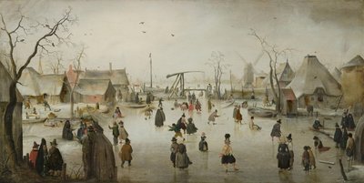 Neerlandês: Entretenimento no gelo numa aldeia Cena de gelo de Hendrick Avercamp