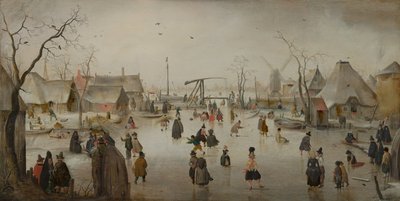 Neerlandês: Entretenimento no gelo numa aldeia Cena de gelo de Hendrick Avercamp