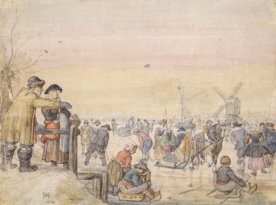 Aproveitando o gelo, 1630 (caneta e wc no papel) de Hendrick Avercamp