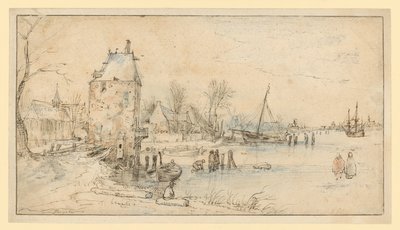 Localidade com torre de vigia e igreja à beira do lago de Hendrick Avercamp