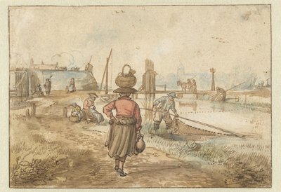 Paisagem fluvial com uma mulher carregando uma cesta na cabeça, pescadores e outras figuras perto das muralhas de uma cidade de Hendrick Avercamp