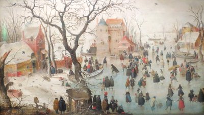 Paisagem de inverno com patinadores no gelo de Hendrick Avercamp