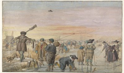 Cena de inverno no gelo, com um caçador mostrando uma lontra de Hendrick Avercamp