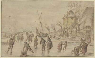 Paisagem de inverno, com muitos patinadores no gelo; à direita, um homem está a apertar os patins de uma mulher de Hendrick Avercamp