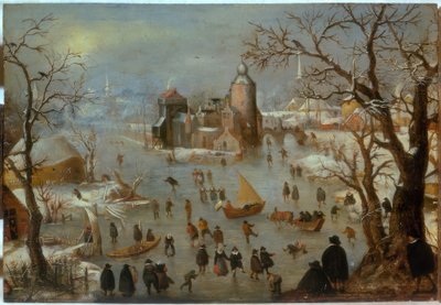Paisagem do inverno com skatistas de Hendrick Avercamp