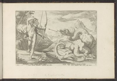 Apollo mata a cobra gigante Python
Metamorfoses de Ovid (título da série)
Recriações de P. Ovidius Naso (título da série) de Hendrick Goltzius (workshop of)