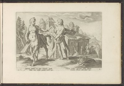 Apolo confia Asclépio a Quíron Metamorfoses de Ovídio (título da série) Recriações de P. Ovidius Naso (título da série) de Hendrick Goltzius (workshop of)