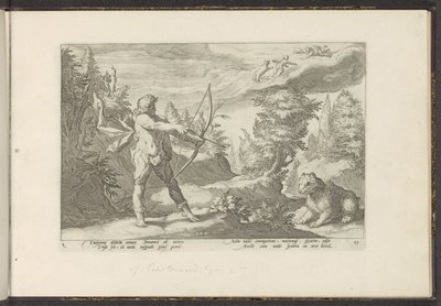 Arcas aponta a sua flecha para Callisto
Metamorfoses de Ovid (título da série)
Recriações de P. Ovidius Naso (título da série) de Hendrick Goltzius (workshop of)
