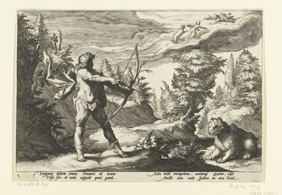 Arcas aponta a sua flecha para Callisto
Metamorfoses de Ovid (título da série) de Hendrick Goltzius (workshop of)