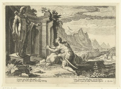 Cadmus pergunta ao oráculo de Delfos o que fazer agora que ele não conseguiu encontrar a sua irmã Europa
Metamorfoses de Ovid (título da série) de Hendrick Goltzius (workshop of)