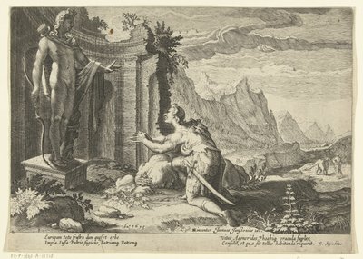 Cadmus pergunta ao oráculo de Delfos o que fazer agora que ele não conseguiu encontrar a sua irmã Europa
Metamorfoses de Ovid (título da série) de Hendrick Goltzius (workshop of)