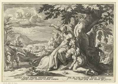 Clymene aponta a Phaëthon o seu pai, o deus sol
Metamorfoses de Ovid (título da série) de Hendrick Goltzius (workshop of)