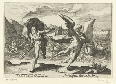 A cornija se transforma em um een ​​kraai Netuno em Coronis Metamorfosen de Ovídio (título da série) de Hendrick Goltzius (workshop of)