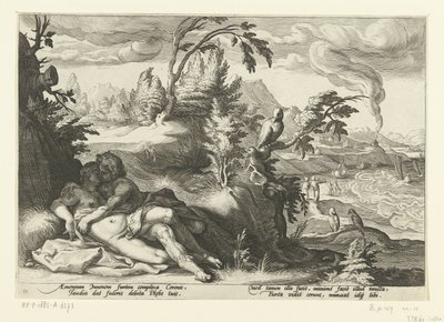 Corvus pega a garota Coronis Metamorfoses de Ovídio (título da série) de Hendrick Goltzius (workshop of)