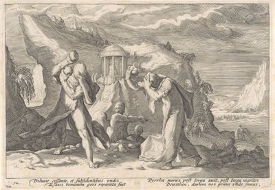 Deucalião e Pirra criam uma nova raça humana Metamorfoses de Ovídio (título da série) de Hendrick Goltzius (workshop of)