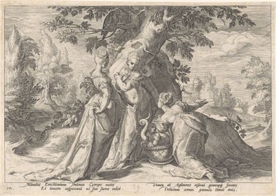 Filhas de Cecrops abrem a cesta de Minerva. Metamorfoses de Ovídio (título da série) de Hendrick Goltzius (workshop of)