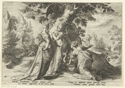 Filhas de Cecrops abrem a cesta de Minerva. Metamorfoses de Ovídio (título da série) de Hendrick Goltzius (workshop of)