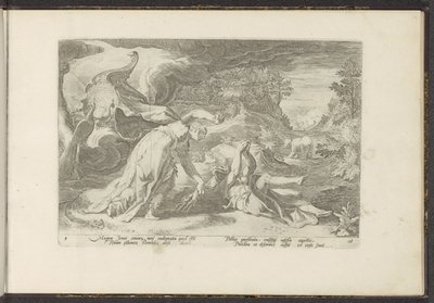 Juno transforma Callisto em um urso Metamorfoses de Ovídio (título da série) Recriações de P. Ovidius Naso (título da série) de Hendrick Goltzius (workshop of)